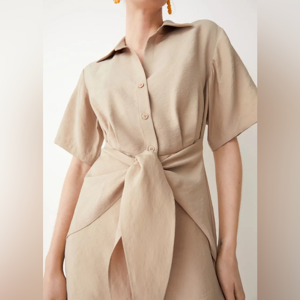& Other Stories Tan Collared Tie Dress Size 4